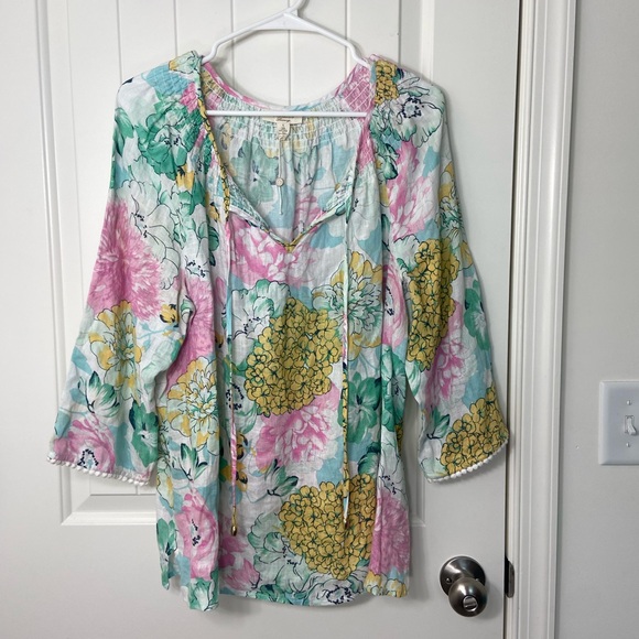 NWOT Charter Club women’s luxury linen floral tie neck peasant‎ relaxed blouse L - Picture 1 of 7